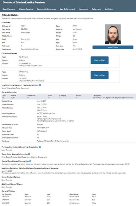 Menachem Deutsch curren sex offender registry july 20 2019
